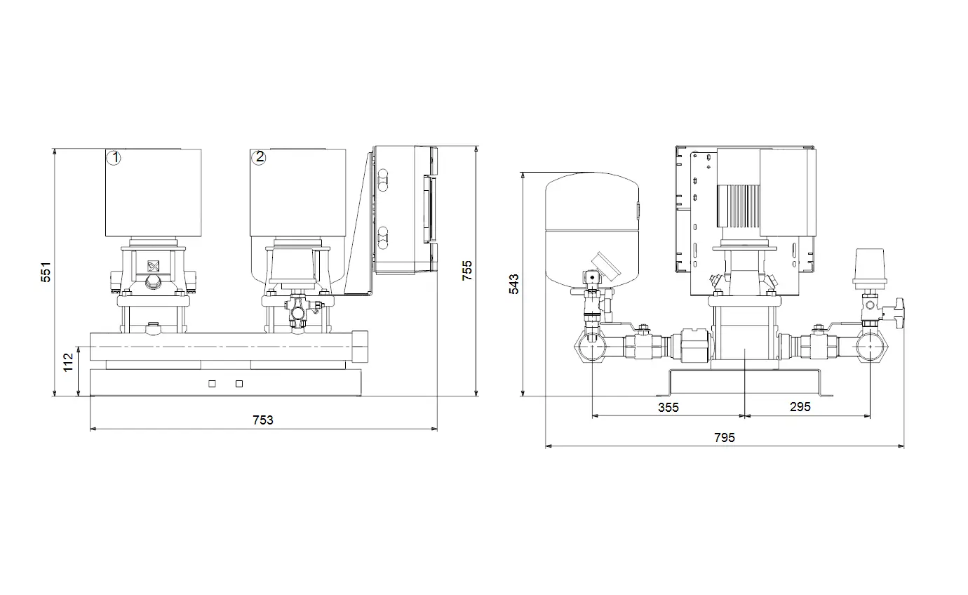 Druckerhöhungsanlage von Grundfos mit dualen Pumpen, versehen mit Anschlussleitungen und Steuerungseinheit. Gezeigt aus Vorder- und Seitenansicht.